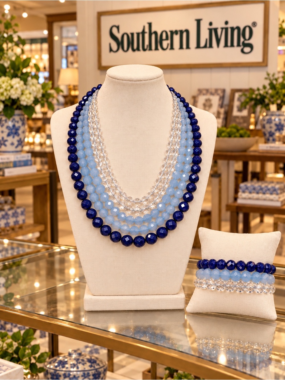 Southern Living Navy and Light Blue Layered Bead Necklace with Clear Strands